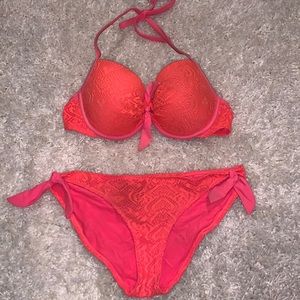 Aerie Neon Coral Crochet Bikini Set